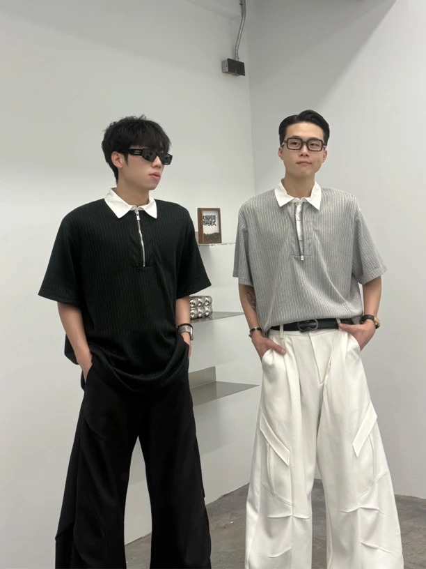 短袖薄款夏季提花拼色拉链Polo衫休闲韩版男款T6113