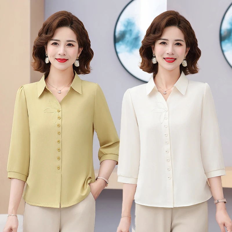 2025年新款纯色春夏季衬衫七分袖上衣翻领中年女士妈妈装气质小衫