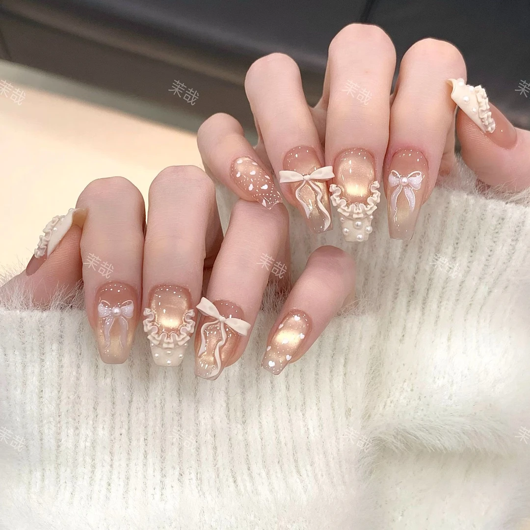 茉哉77现货【奶霜】纯手工定制美甲拆卸穿戴甲A3791