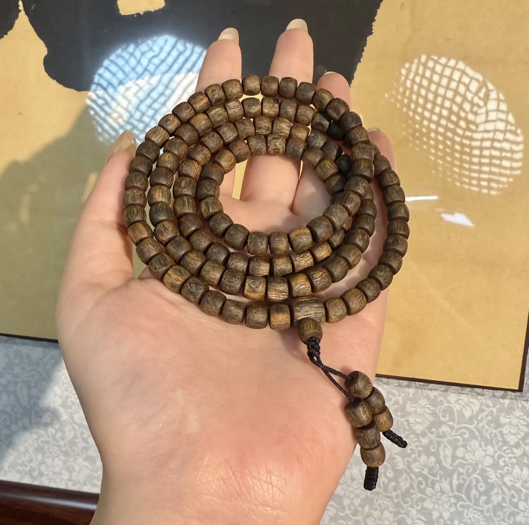 沉香国香莺歌绿奇楠金沙叶0.7特殊随型桶型沉水长串沉香手串