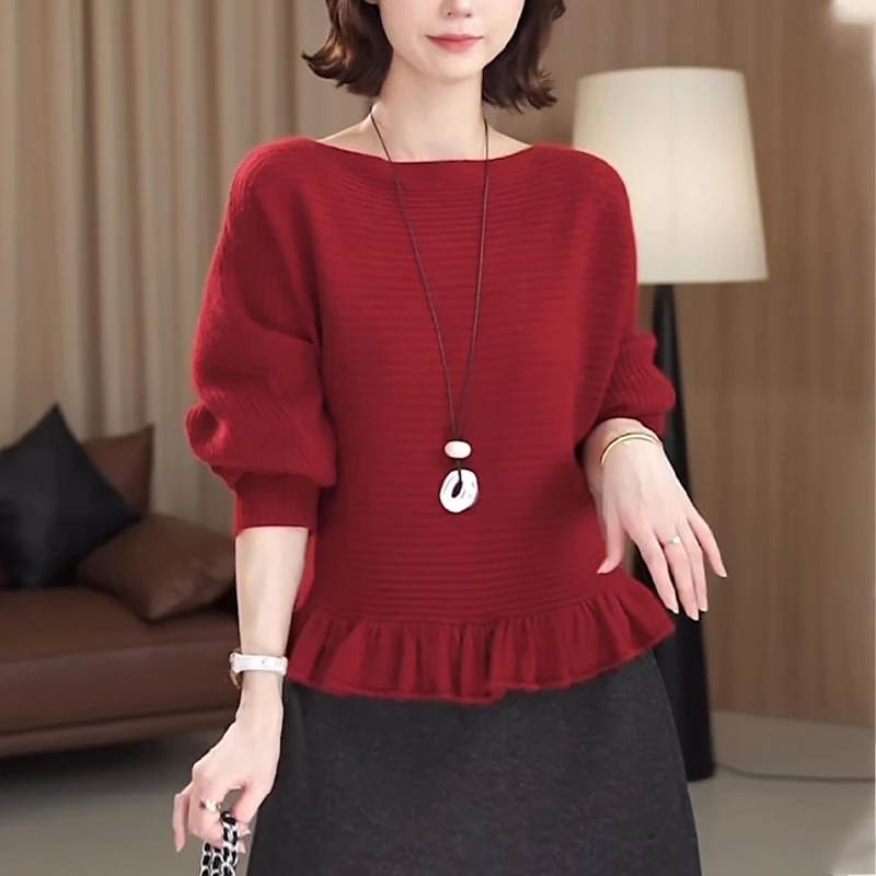 一字领针织衫女2025秋冬新款高级感宽松显瘦下摆木耳边打底衫上衣