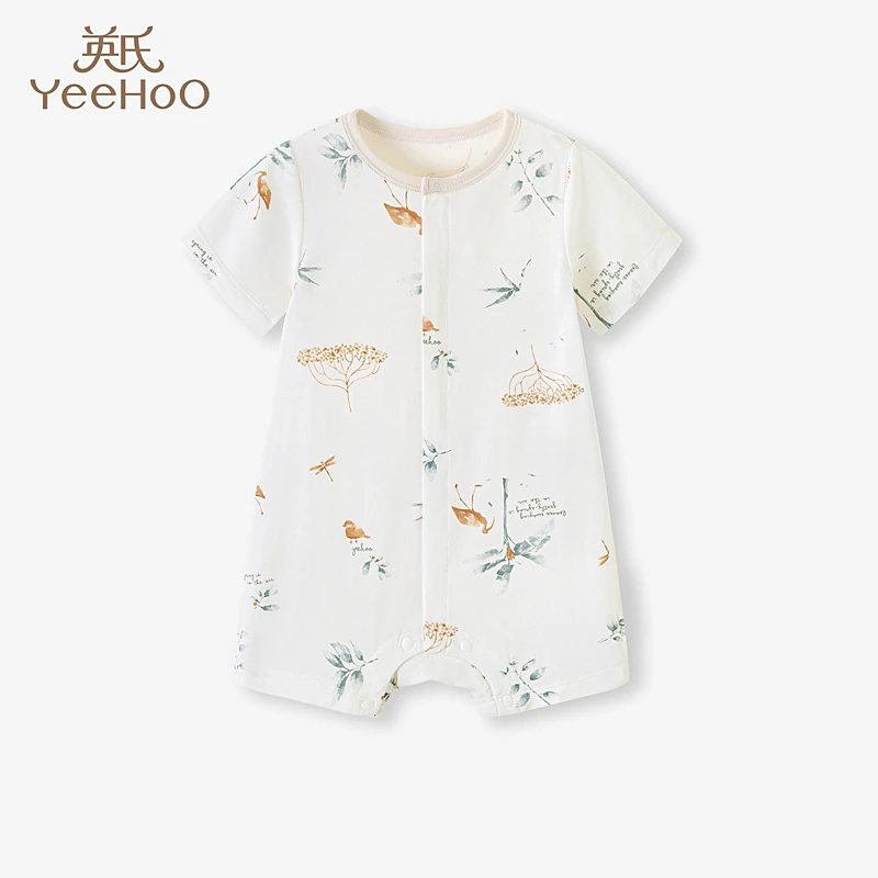 英氏婴儿短袖哈衣宝宝莫代尔连体衣柔软舒适对襟爬服YLABJ2P004A