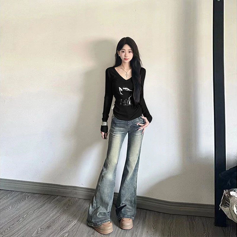 美式bm辣妹v领长袖T恤女春秋季小众设计感修身显瘦内搭打底衫上衣