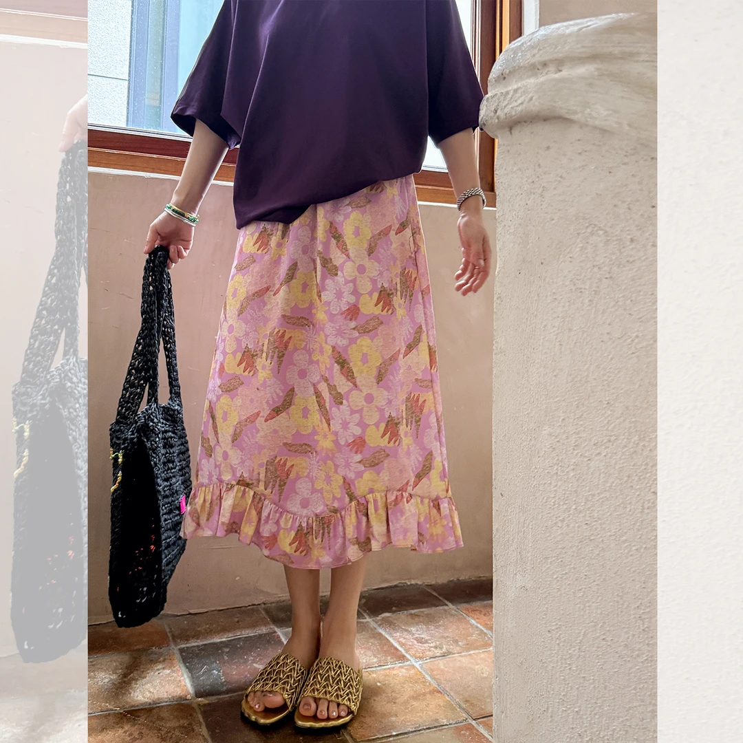 莉贝琳sisy碎花半身裙女全棉气质印花木耳边百搭裙子S25206SK03