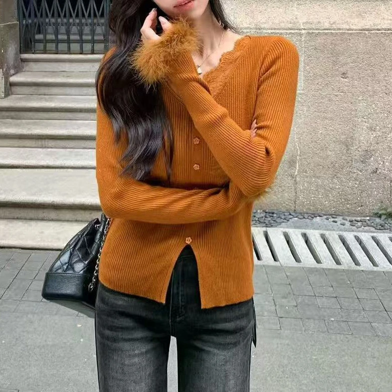 小众设计感拼接毛毛边毛衣女气质领修身打底针织衫内搭短款上衣潮