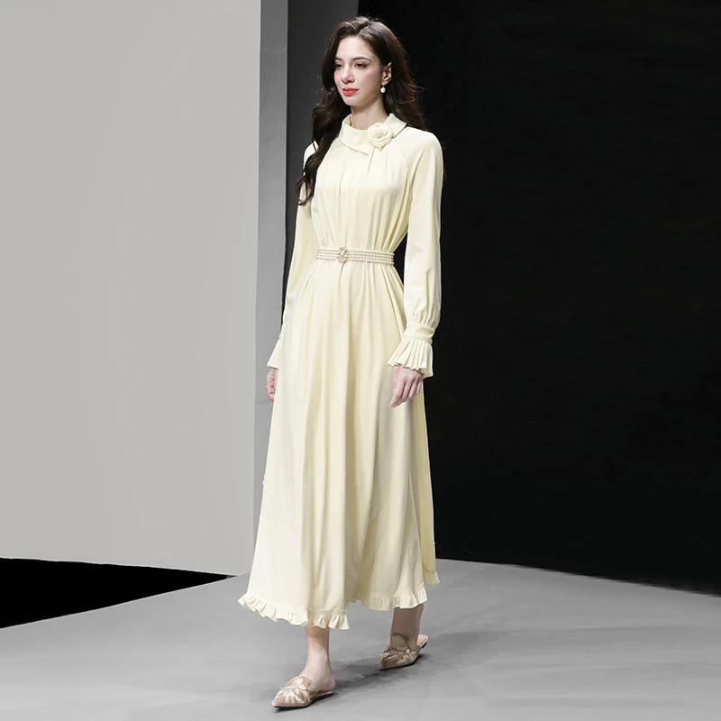 DF-秋气质法式优雅山茶花收腰长款木耳边裙摆丝绒连衣裙DC34278E