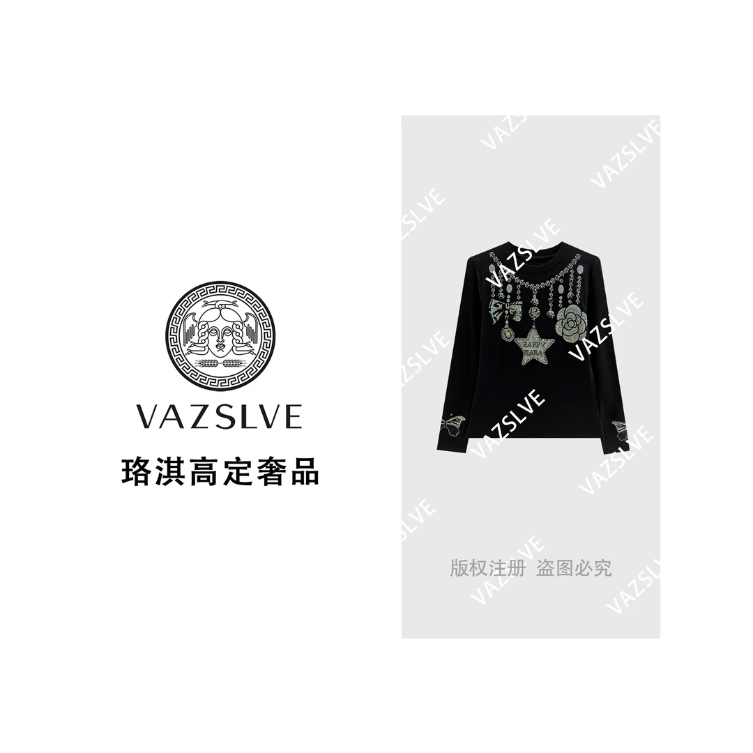 【VAZSLVE/珞淇高定】新款烫钻休闲宽松时尚气质圆领T恤T9286