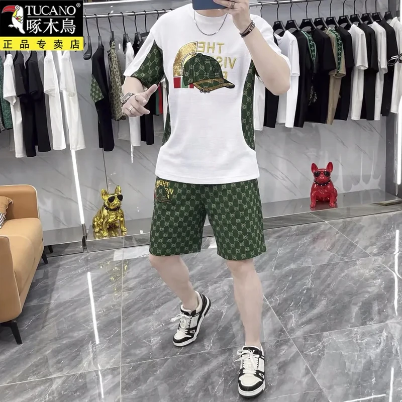 啄木鸟潮流运动短袖短裤男装搭配一套休闲套装男士2025年新款夏季