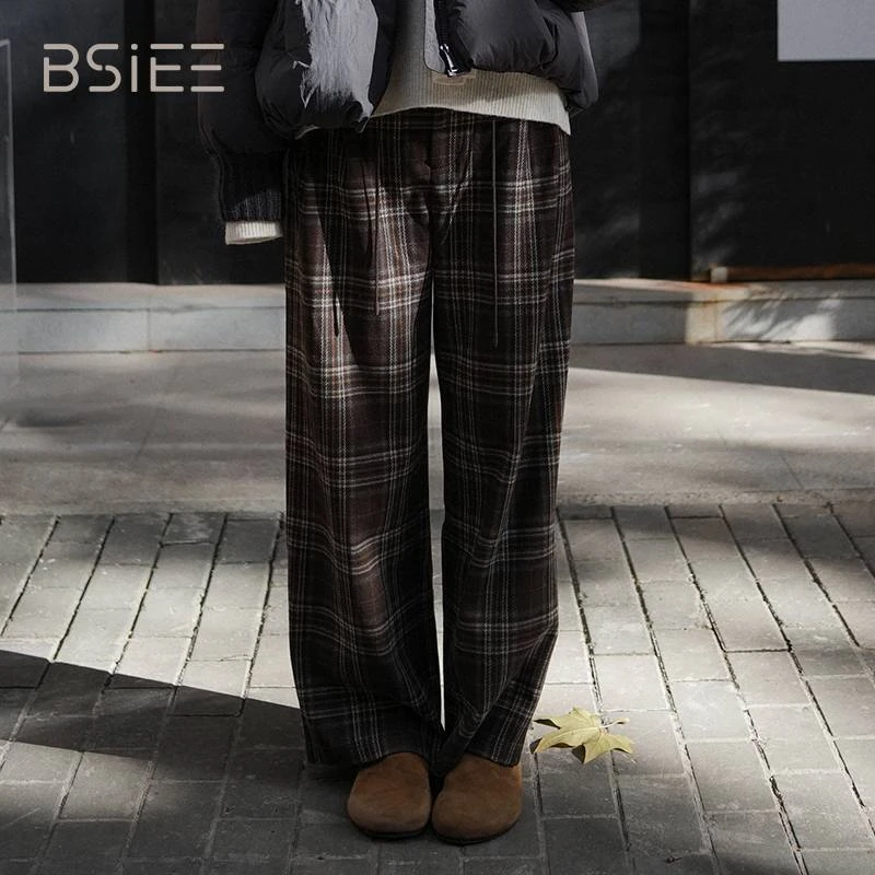 BSIEE/本涩休闲格纹直筒裤2025秋冬新品复古撞色阔腿休闲裤女