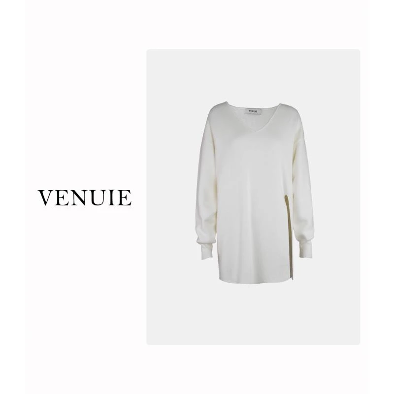 VENUIE 极简针织毛衣宽松纯色秋冬套头前开叉长袖针织衫上衣女