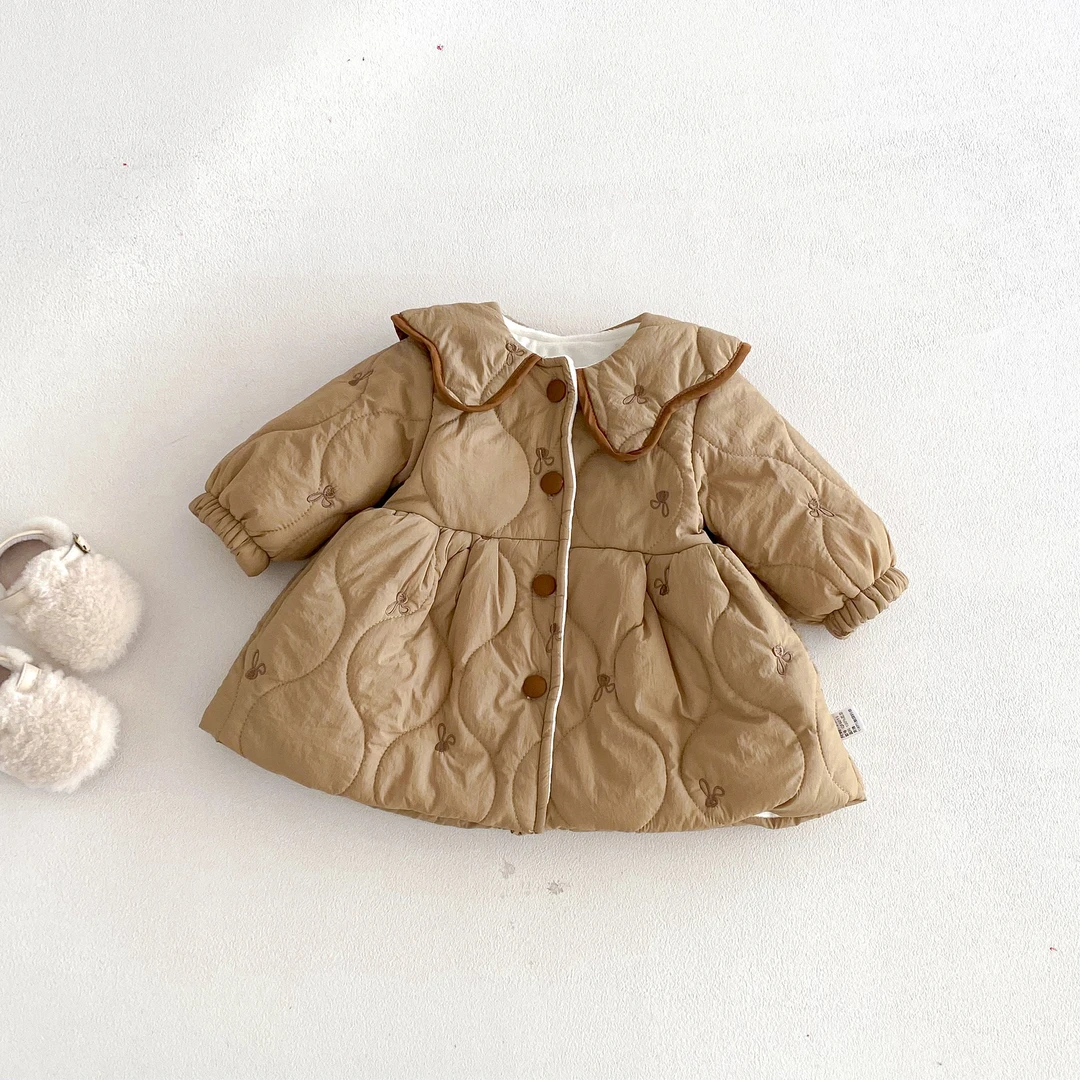 冬季新款婴儿女宝宝单排扣兔子刺绣加绒加厚娃娃领外套女童