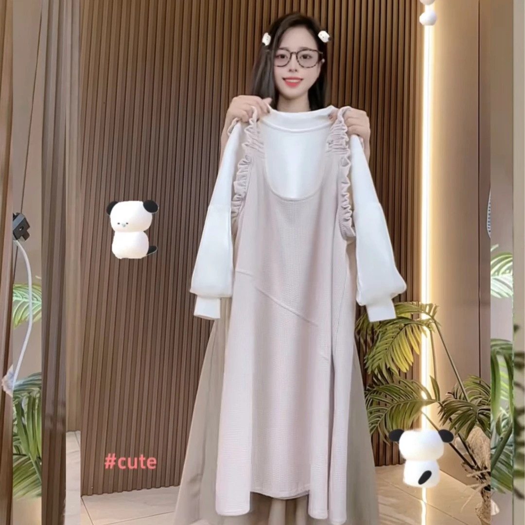 【设计定制款 母女装】木耳边背带裙灯笼袖加厚打底衫韩系套装