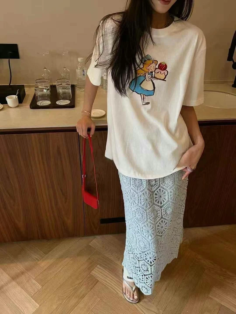 女士短袖时尚印花白色休闲风夏季通勤常规T恤卡通