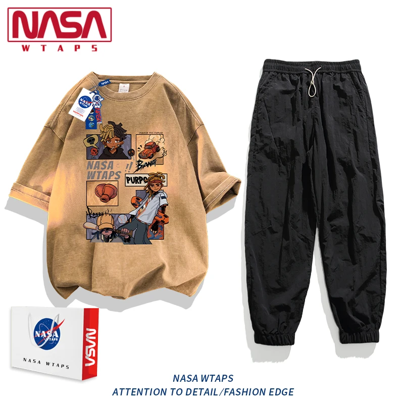 NASA WTAPS潮牌水洗做旧冰丝短袖t恤套装男夏季长裤半袖情侣上衣