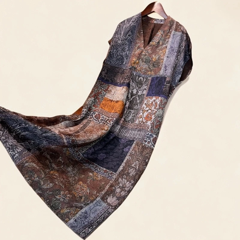 正品高端短袖提花飞飞袖宽松型新中式夏季长款印花薄款连衣裙