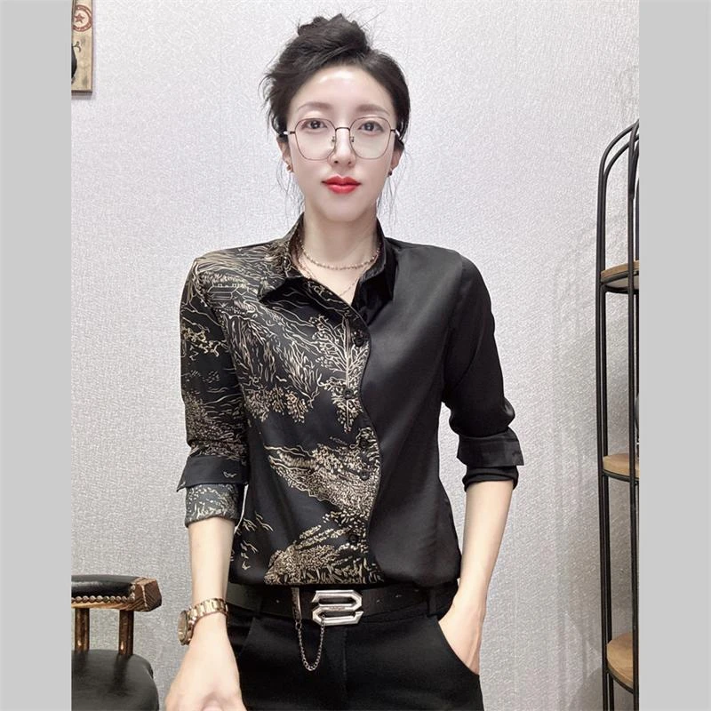 拼色衬衫女2025新款时尚印花缎面上衣感小众衬衣长袖打底衫潮5196