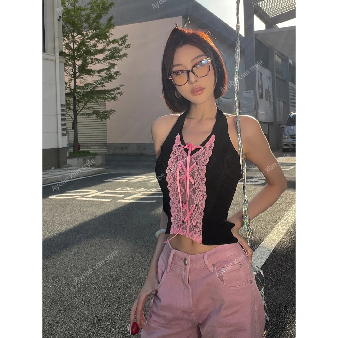AYOBE小贤/东京乙女泪 千禧辣妹甜酷黑粉蕾丝拼接挂脖上衣夏季