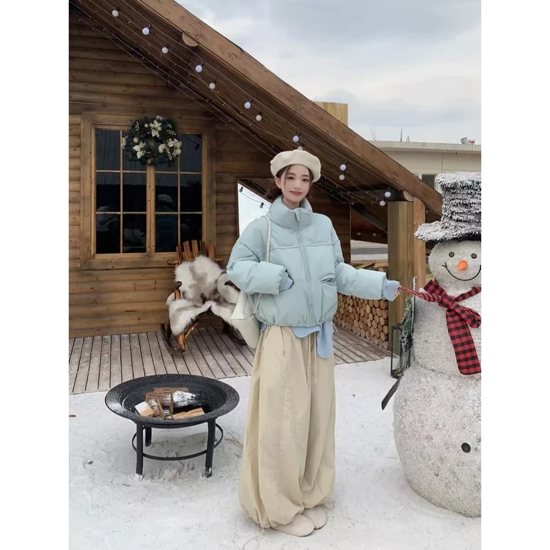 蓝色拉链立领保暖棉衣女冬季2024年新款夹棉加厚外套+裤子套装