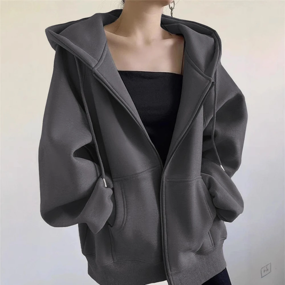 运动连帽卫衣加厚加绒开衫美式酷girl外套修身型百搭女