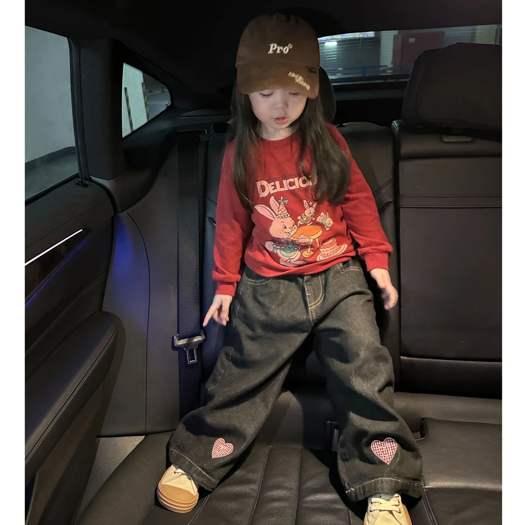 壹妈童装儿童套装秋冬新款洋气男女宝红色长袖卡通上衣黑色牛仔裤