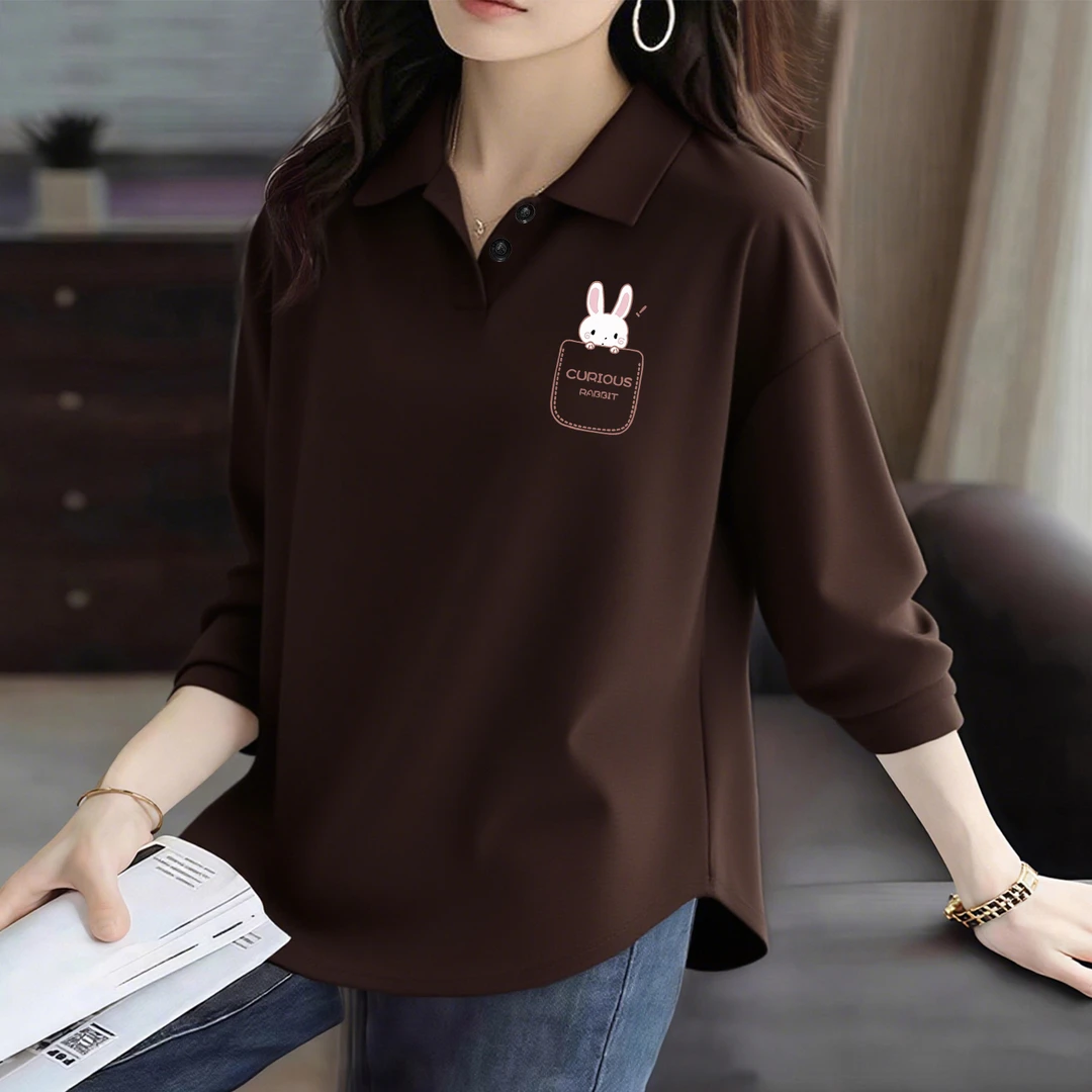 德绒POLO衫女秋冬休闲弧形下摆宽松显瘦洋气内搭保暖翻领长袖上衣