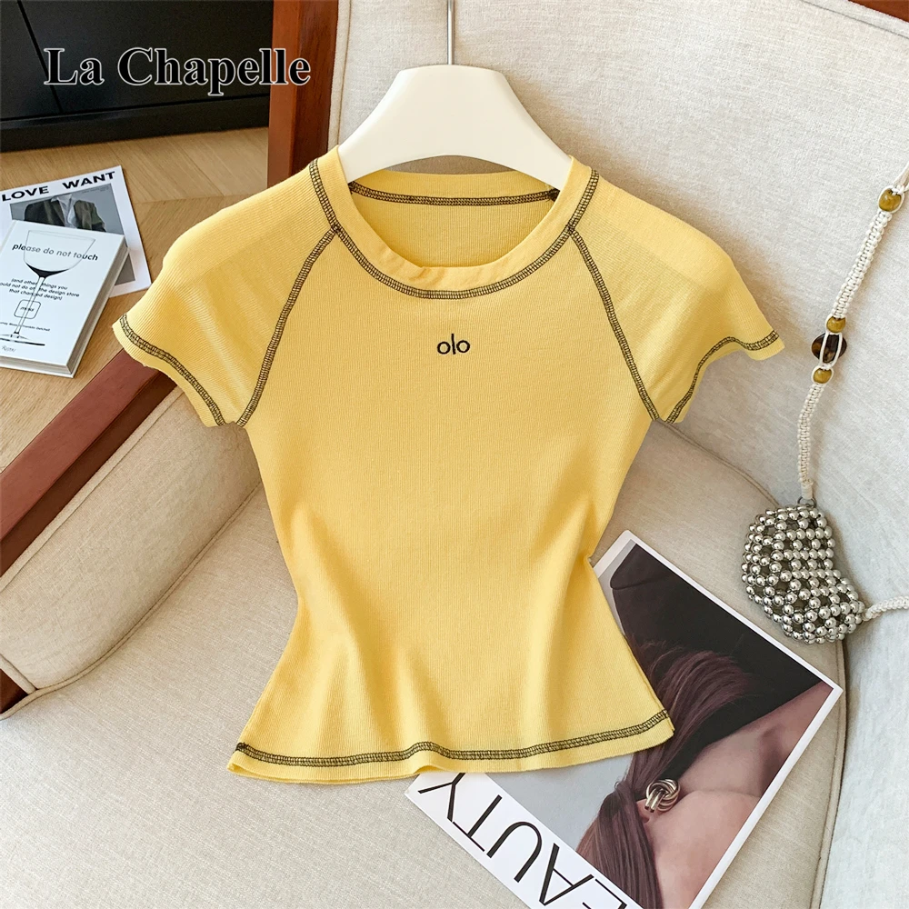 拉夏贝尔洋气显瘦针织圆领上衣女夏季款辣妹外穿气质百搭撞色短袖