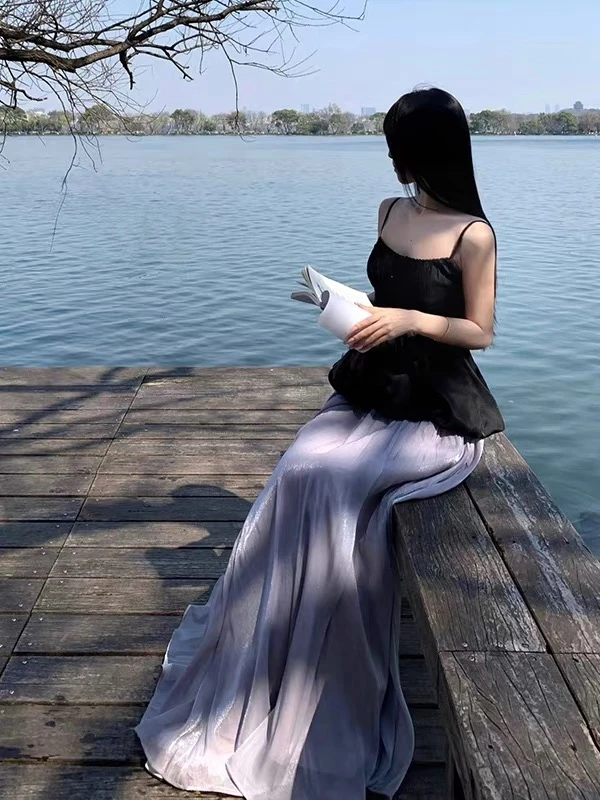 136-1 夏季新款甜美减龄ins风设计感松紧腰大裙摆显瘦网纱半身裙