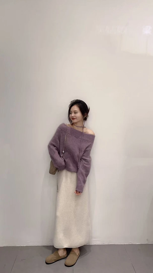 2025秋季新款韩系温柔一字肩针织女露肩毛衣长袖上衣百搭半身裙