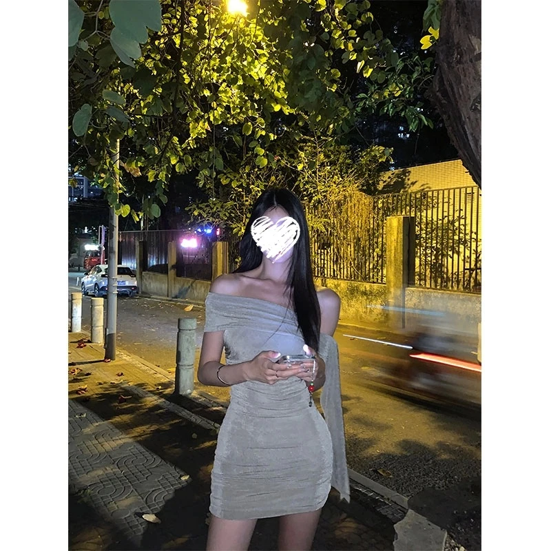 斜肩连衣裙黑色背心无袖包臀裙短裙 80353