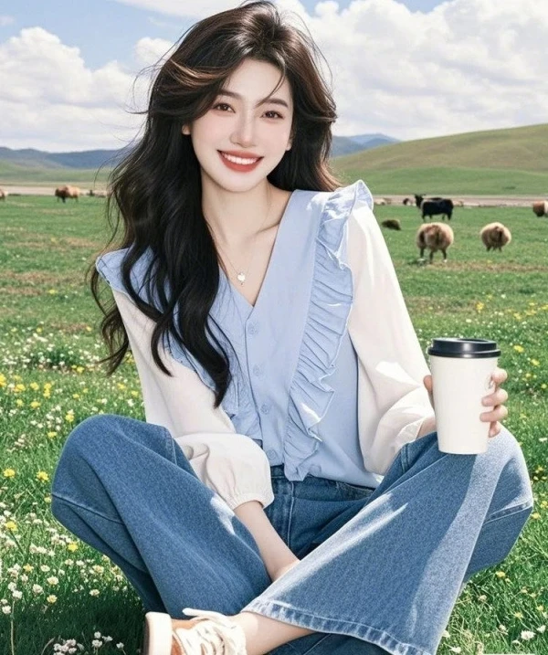 2025春季新款小衫超好看独特漂亮设计感蓝色荷叶边拼接V领衬衫女