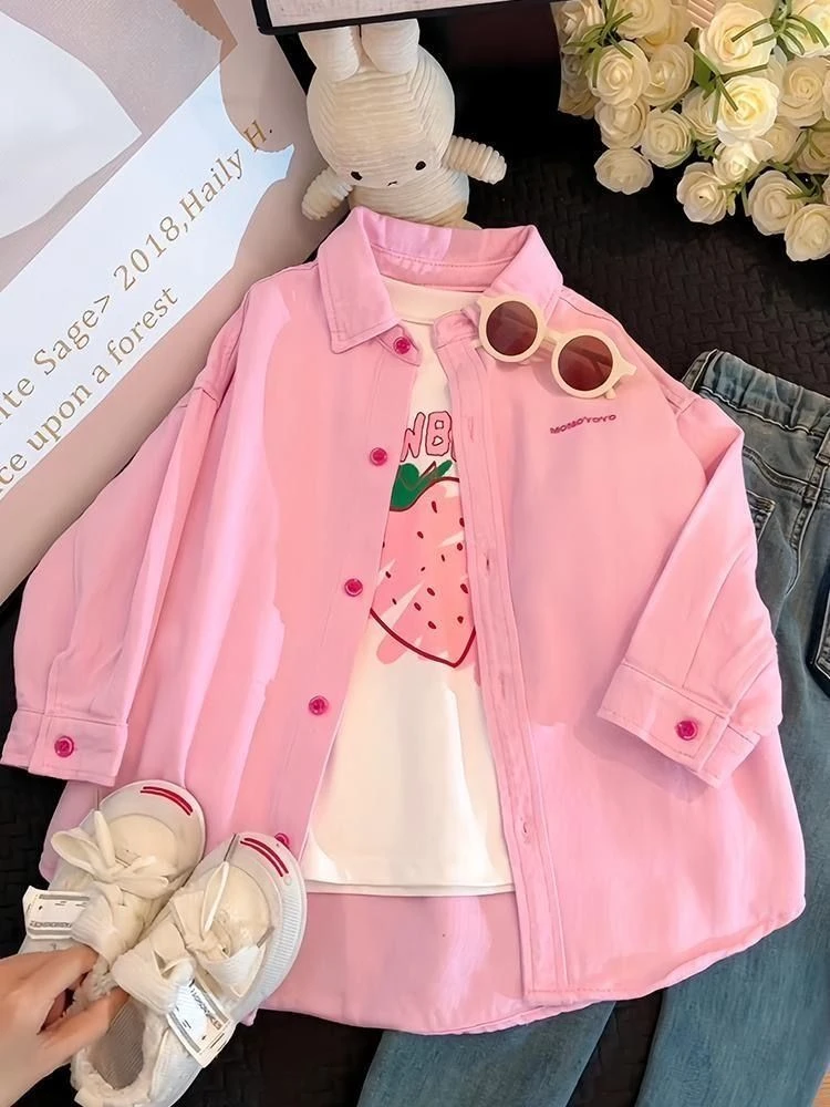 女童外套2025春秋新款洋气女大童春秋款粉色牛仔衬衫儿童韩范潮衣