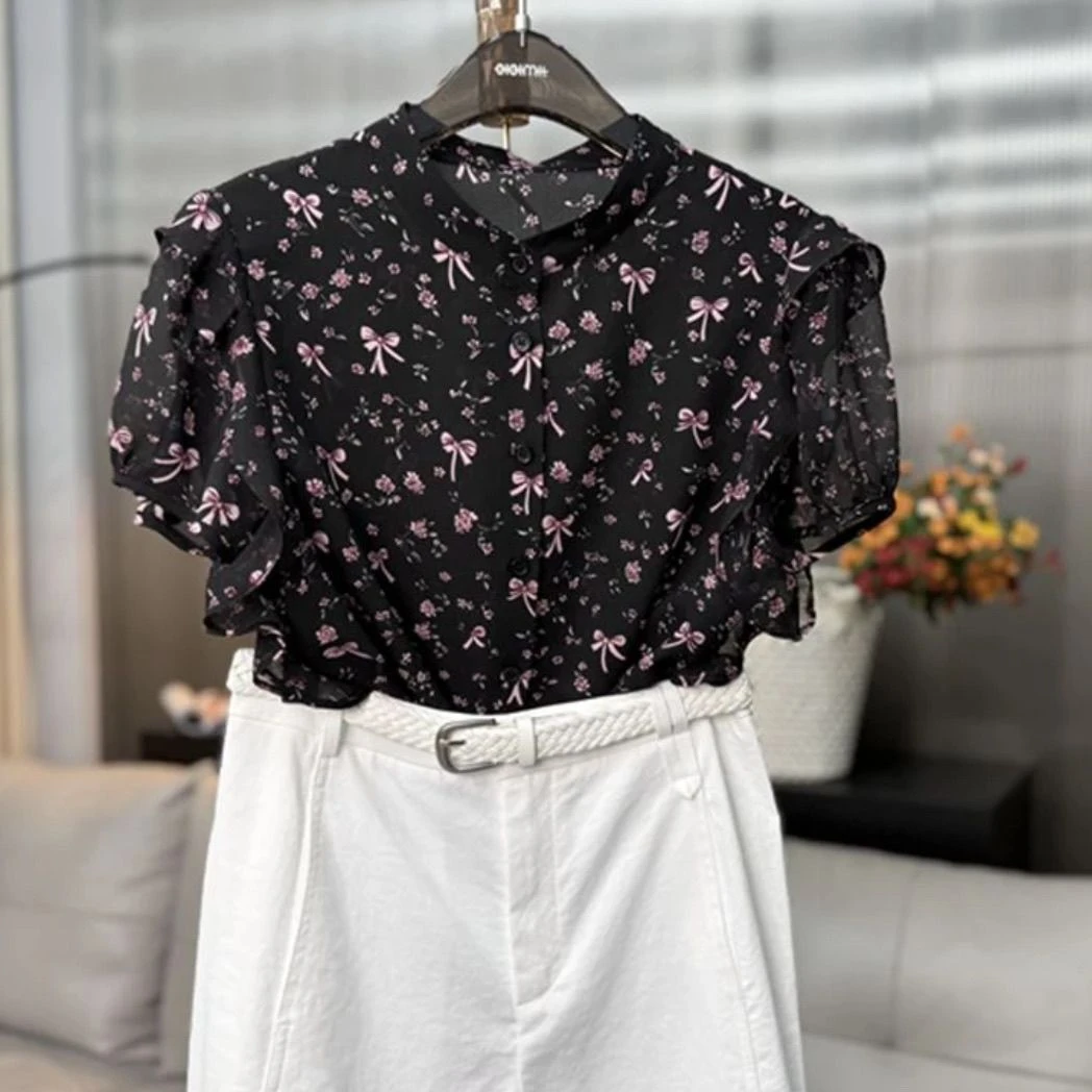 时尚蝴蝶结荷叶袖花色衬衫2025夏季新款高级感遮肚子百搭雪纺上衣