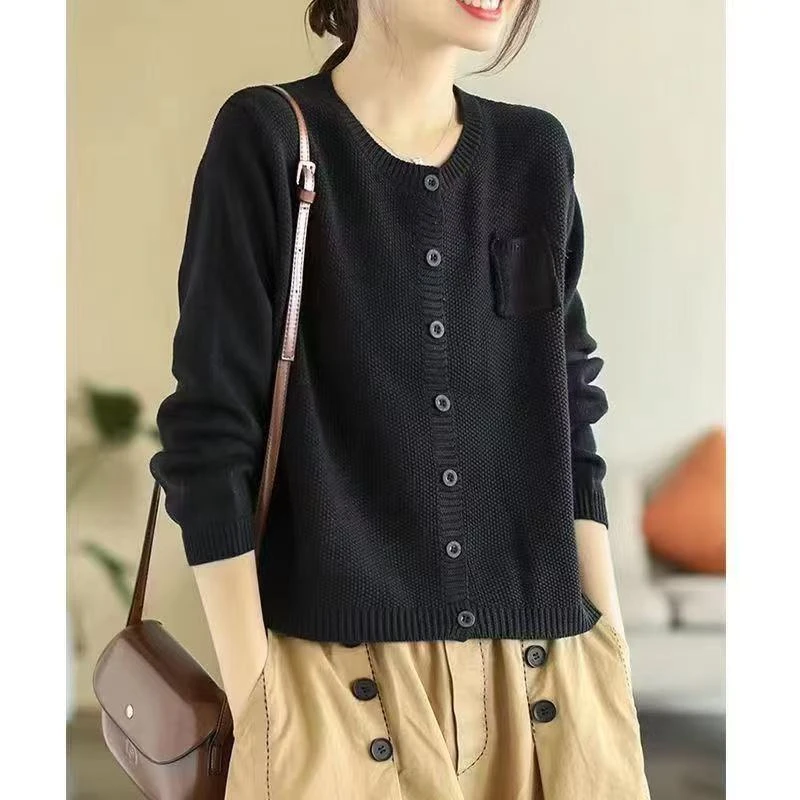 春秋季针织开衫女士黑色时尚百搭圆领气质短款小外套