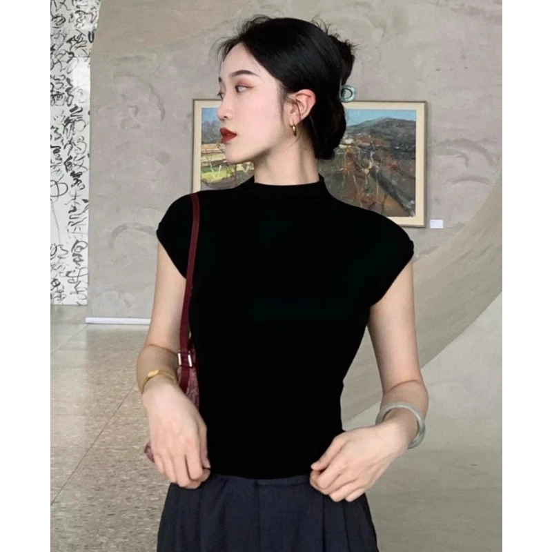 拉夏贝尔 半高领黑色冰丝针织短袖t恤女夏季2025新款正肩修身上衣