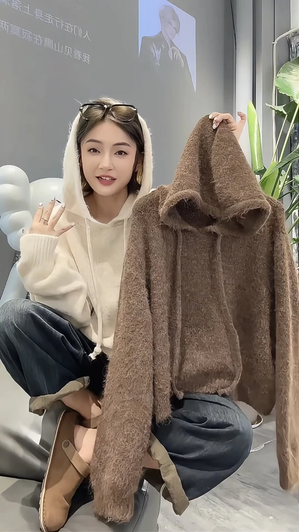 欧货2025秋冬新款纯色连帽毛衣针织衫时尚洋气慵懒风舒适百搭显瘦