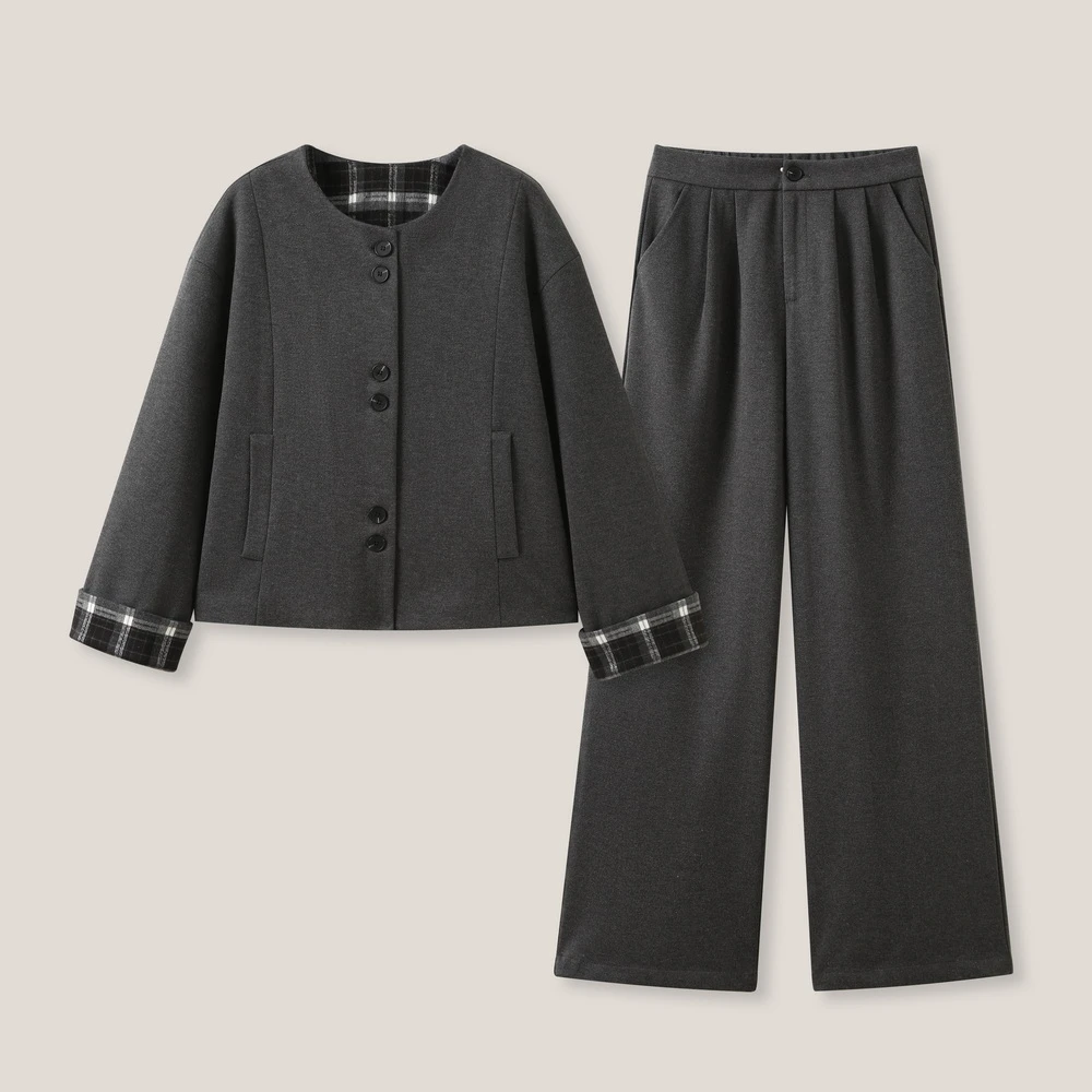 倩高级感纯色格子拼接圆领外套+休闲长裤套装ss26460