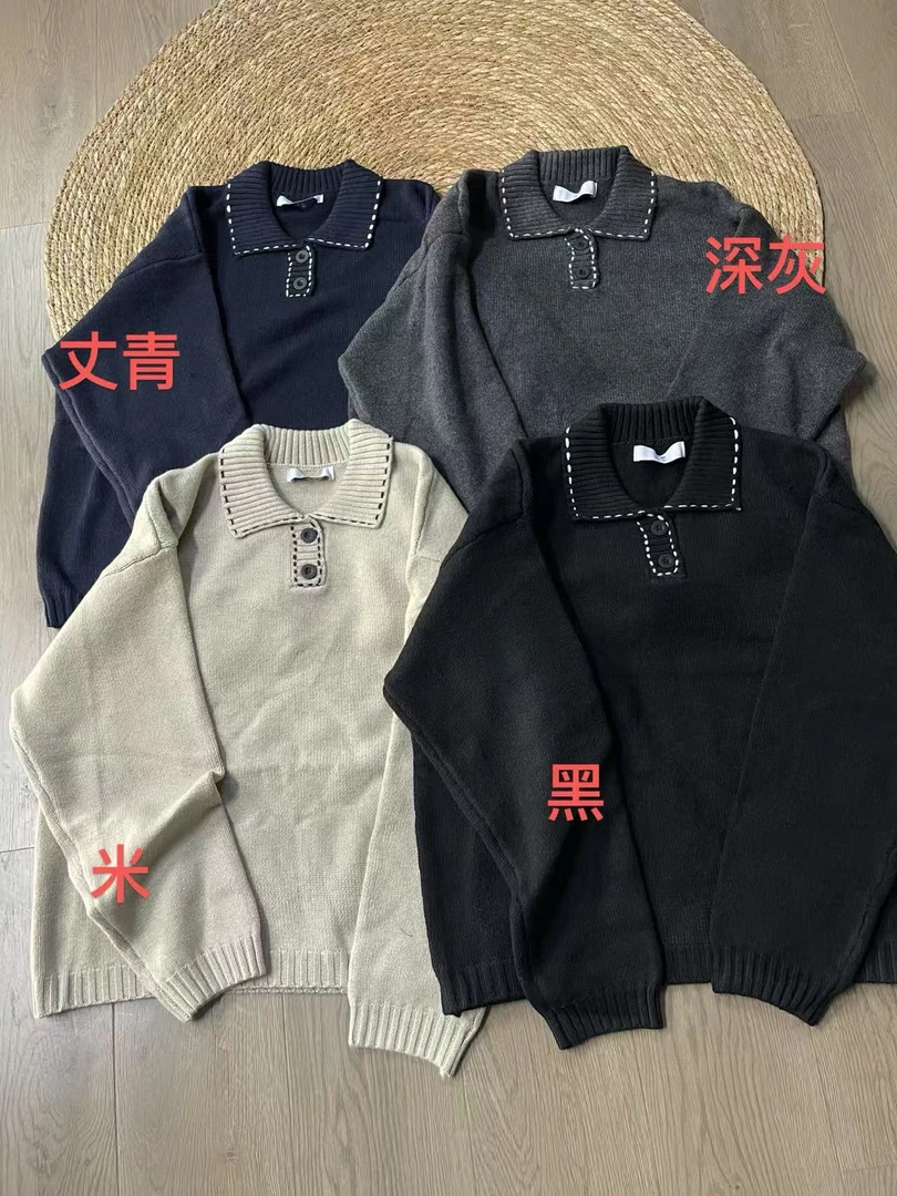 【若汐女装】欧版宽松休闲百搭手工缝制撞色POLO领针织毛衣2878