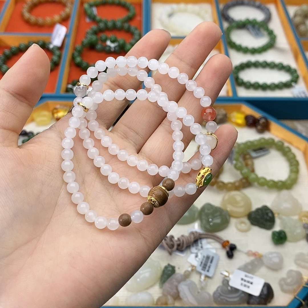 和田玉未镶嵌手链w28白玉三圈5mm