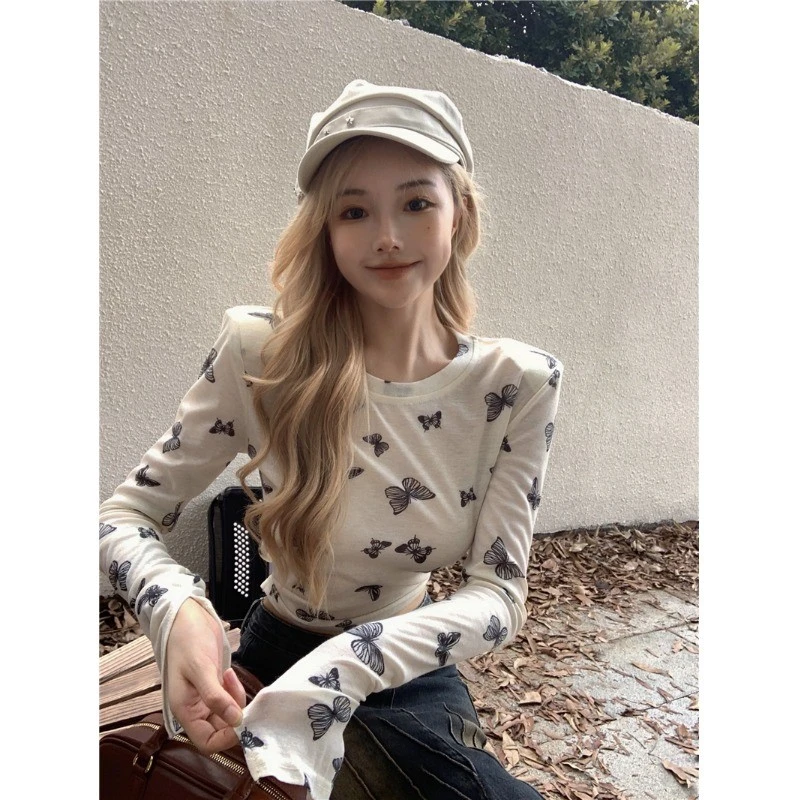 蝴蝶印花长袖恤女春季2025新款设计感小众圆领修身短款辣妹上衣