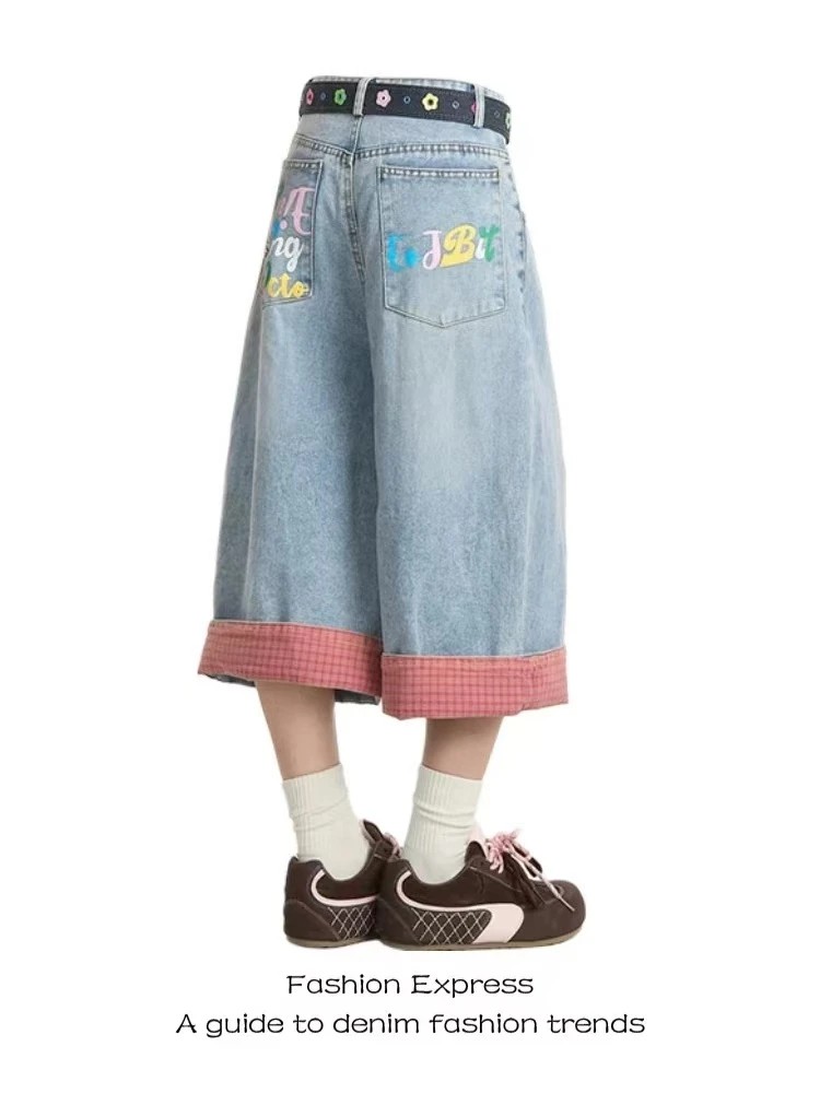 超好看七分裤女夏季美式复古格纹拼接卷边做旧设计感牛仔休闲短裤