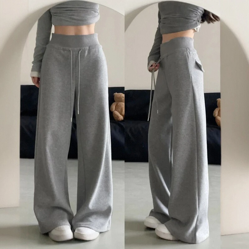 灰色运动裤女春秋季2025新款高腰显瘦直筒卫裤美式宽松垂感阔腿裤