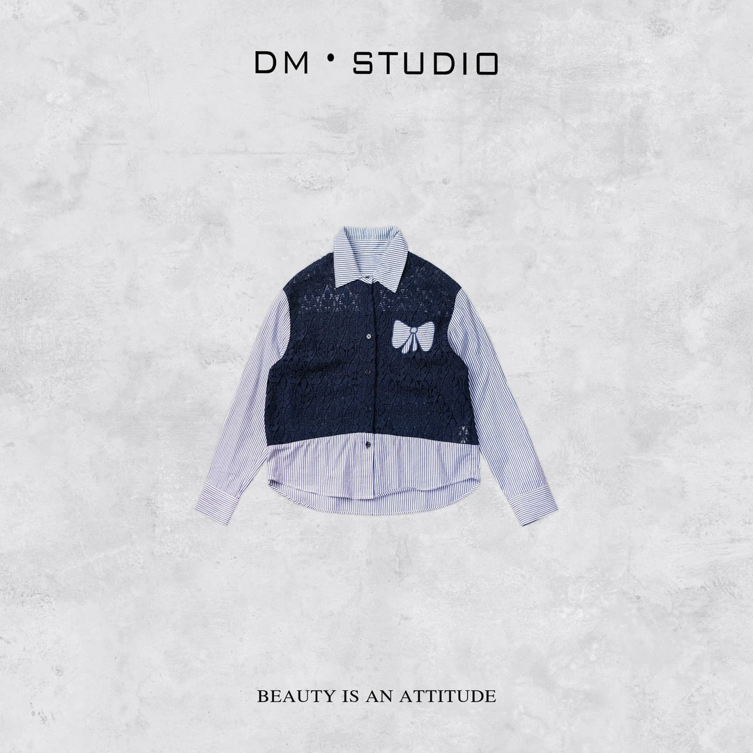 DEDM－DM•STUDIO/气质减龄条纹设计感蝴蝶结翻领衬衫上衣（DC008）