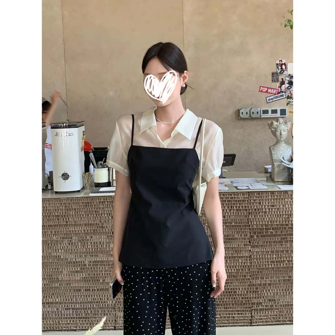 大花【时髦担当 suit】真两件短袖衬衫吊带马甲套装