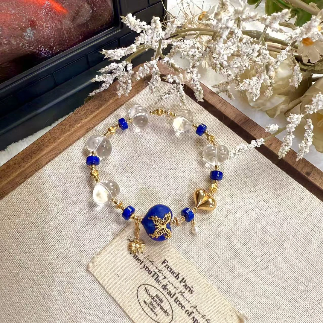 天然青金石白水屁桃爱心多宝设计款925银手串