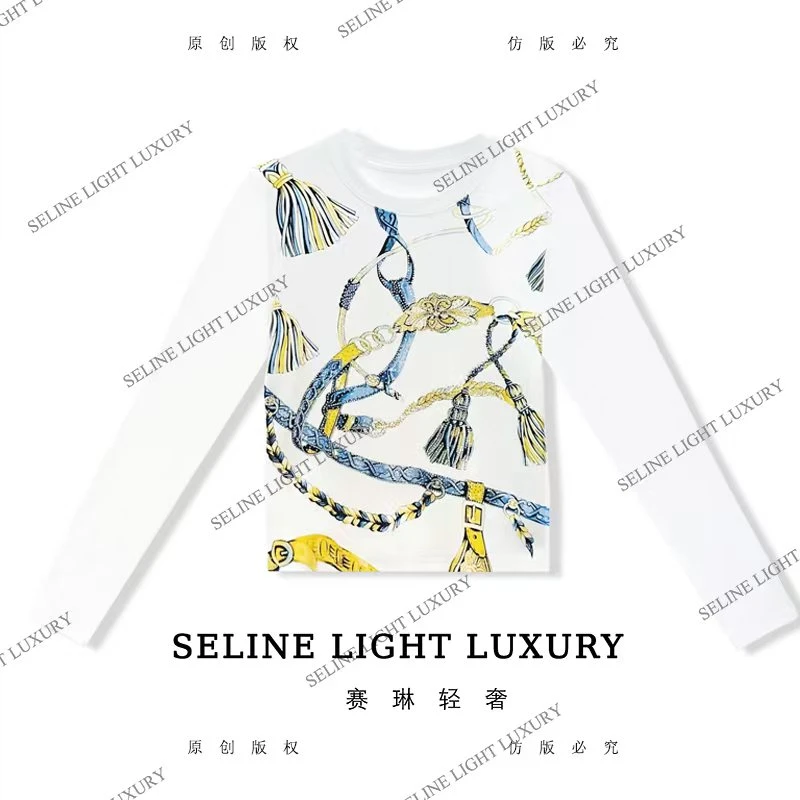 【25Q-703】太 2025 SELINE 新款金色锁链印花时尚轻奢气质长袖T恤