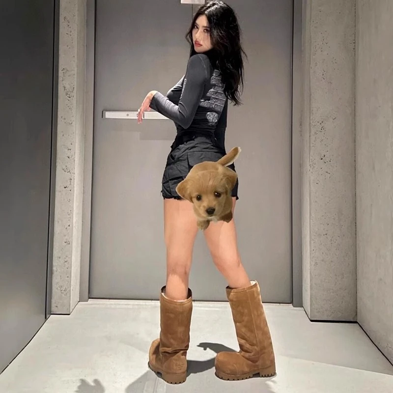 2025冬季时尚经典大头雪地靴女牛反绒丑萌圆头保暖棉靴厚底短靴潮