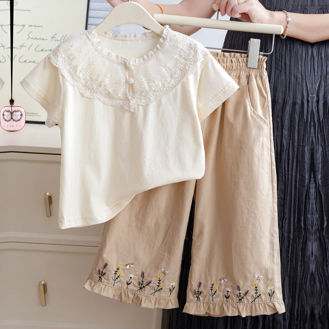 女童韩版裤子2025夏季新款儿童洋气刺绣休闲裤女孩宽松阔腿裤