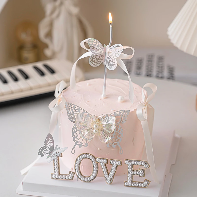 七夕情人节唯美幻彩蝴蝶蛋糕装饰摆件情侣告白女神珍珠love插件