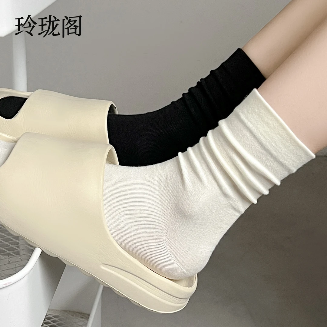 白色中筒袜子纯棉100%全棉防臭秋冬女款透气吸汗无骨抗起球堆堆袜