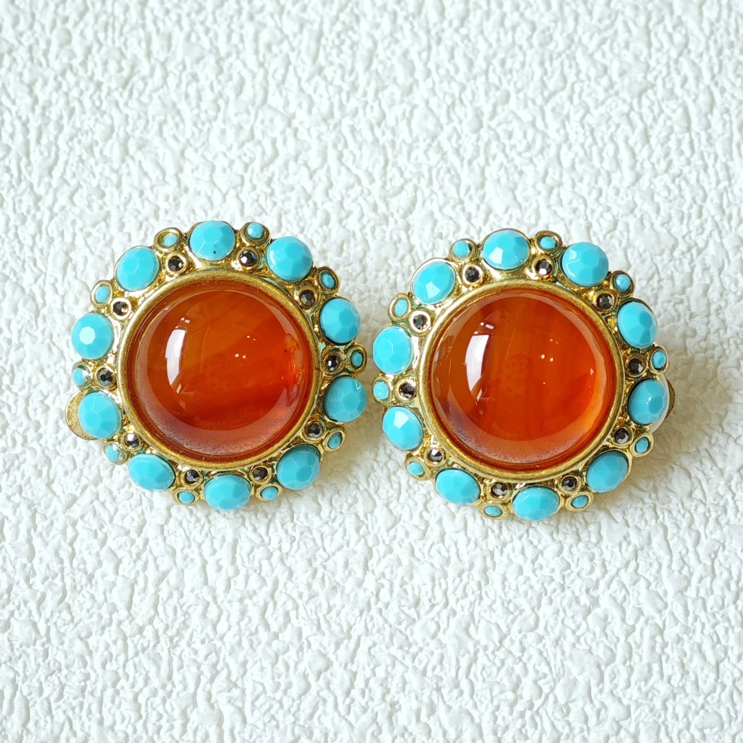 铜合金玻璃耳饰 中古vintage琉璃耳夹轻奢复古镶嵌气质【1177】